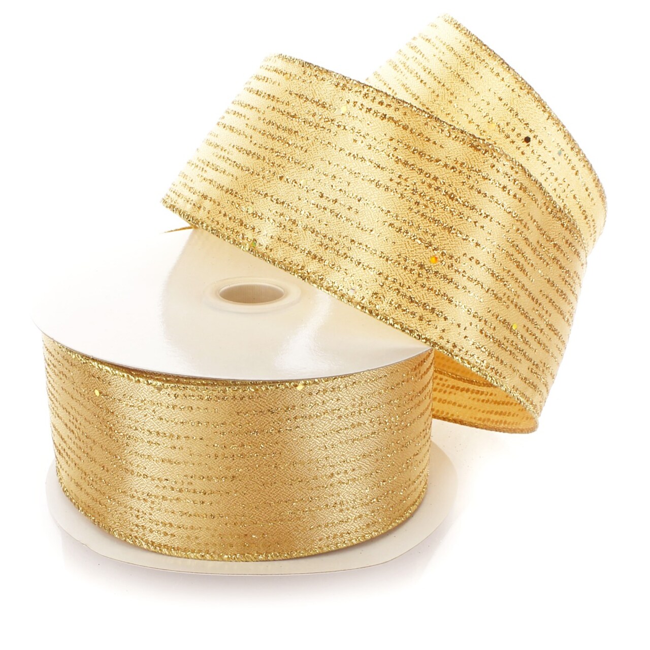 2 1/2" Wired Ribbon Horizontal Glitter/Sequin Stripes Solid Gold - 10 Yards